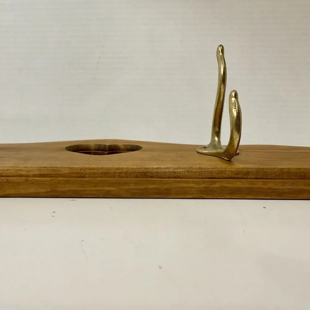 Vintage 22” Wood Heart Cutout Wall Coat Rack 4 Brass Hooks Cottagecore Farmhouse